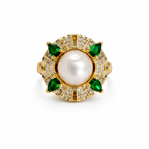 Venus and Vulcan Jewelry - Gold Pearl and Green Crystal Ring